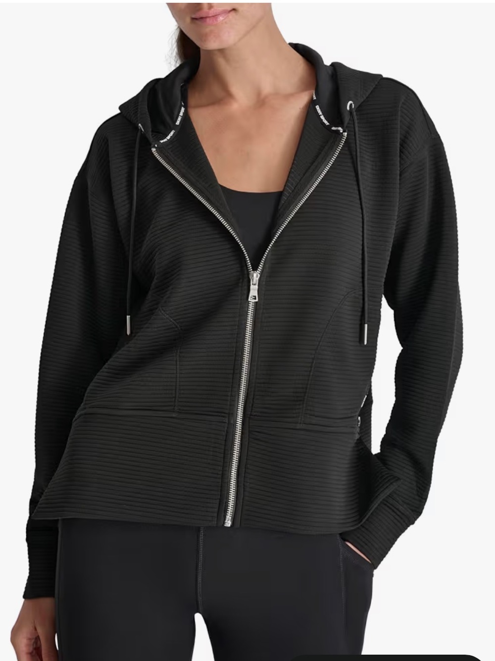 DKNY Black Ribbed Hoodie Medium NWT